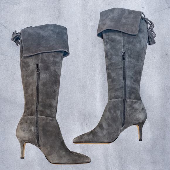Lord & Taylor 424 Fifth Gray Suede Foldover Knee High Heeled Boots Size 6 - Picture 2 of 8